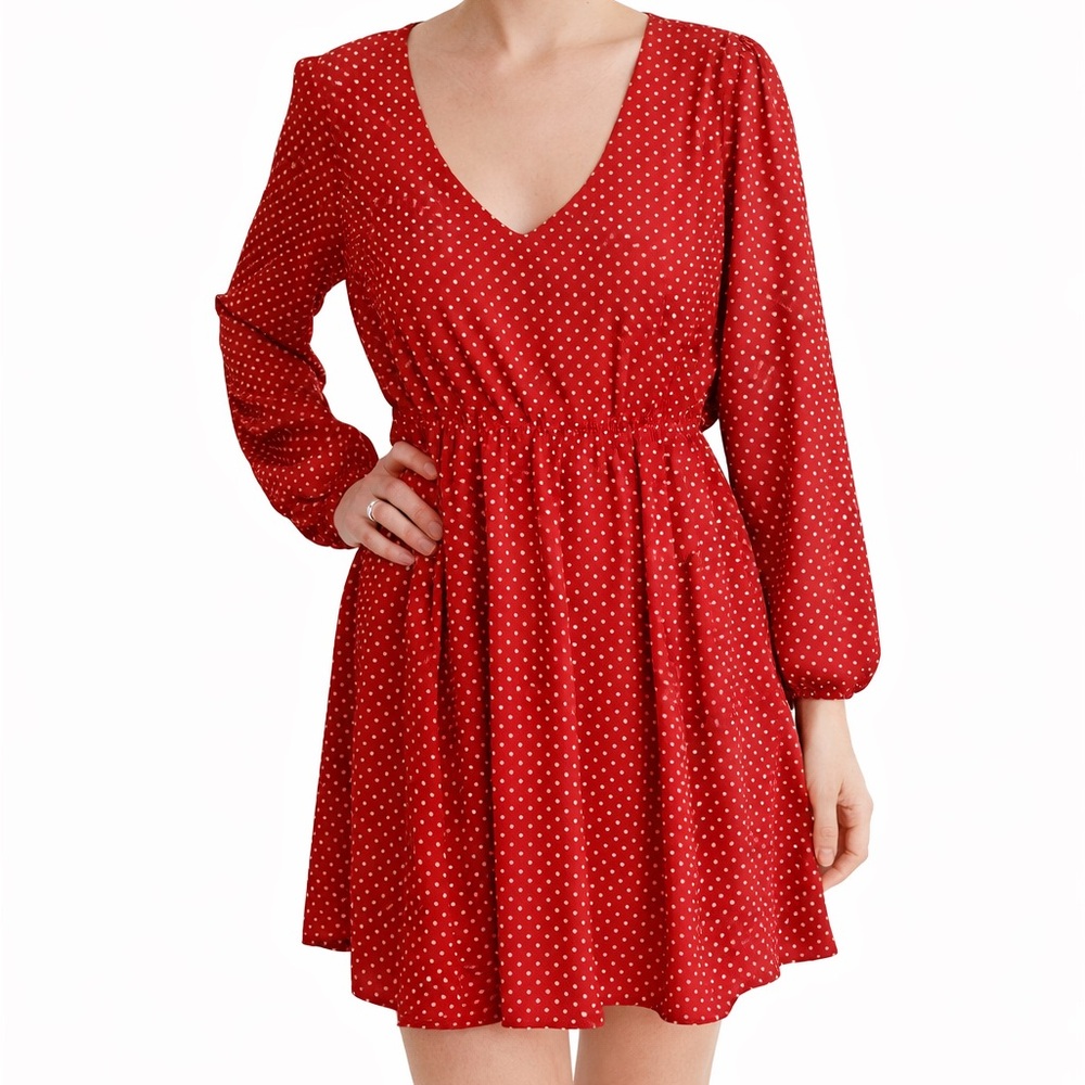 Red Polka Dot Long-Sleeve V-Neck Mini Dress